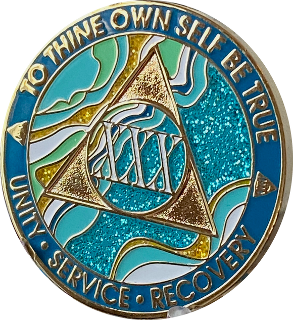 30 Year AA Medallion Elegant Caribbean Aqua Glitter Teal Marble Gold Sobriety Chip