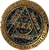 1 2 3 4 5 or 30 Year AA Medallion Reflex Milky Way Glitter Black Gold Plated Sobriety Chip