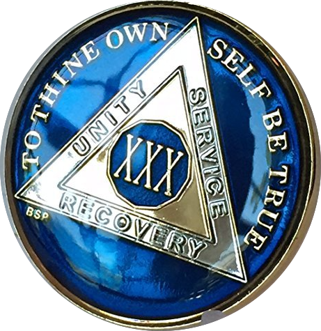 30 Year AA Medallion Metallic Midnight Blue Tri-Plate Sobriety Chip