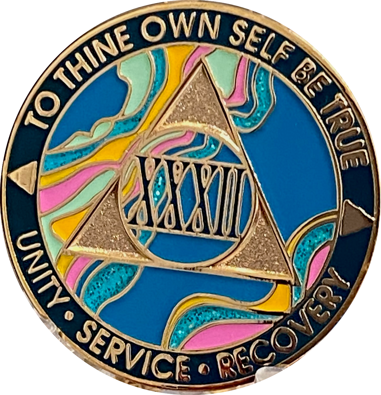 3 Year AA Medallion Chip - Dusty Blue & Gold Plated, Herringbone Pattern, Serenity Prayer, 34x2mm