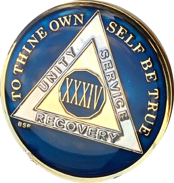 34 Year AA Medallion Metallic Midnight Blue Tri-Plate Sobriety Chip
