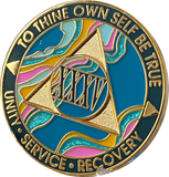 35 Year AA Medallion Elegant Tahiti Teal Blue and Pink Marble Gold Sobriety Chip
