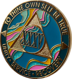 35 Year AA Medallion Elegant Tahiti Teal Blue and Pink Marble Gold Sobriety Chip