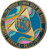 36 Year AA Medallion Elegant Tahiti Teal Blue and Pink Marble Gold Sobriety Chip