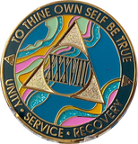 38 Year AA Medallion Elegant Tahiti Teal Blue and Pink Marble Gold Sobriety Chip
