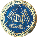 39 Year AA Medallion Reflex Blue Gold Plated Alcoholics Anonymous RecoveryChip Design - RecoveryChip