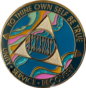 39 Year AA Medallion Elegant Tahiti Teal Blue and Pink Marble Gold Sobriety Chip