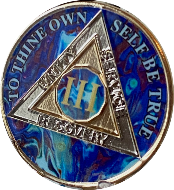 3 Year AA Medallion Sapphire Blue Swirl Tri-Plate Sobriety Chip