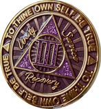 3 Year AA Medallion Cosmic Purple Glitter Gold Plated Sobriety Chip
