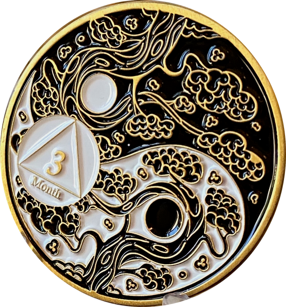 3 Month AA Medallion Ying Yang Black and White 90 Day Serenity Prayer Chip