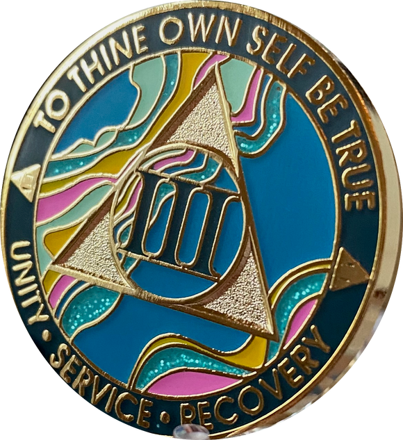 3 Year AA Medallion Elegant Tahiti Teal Blue and Pink Marble Gold Sobriety Chip