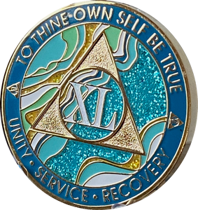 40 Year AA Medallion Elegant Caribbean Aqua Glitter Teal Marble Gold Sobriety Chip