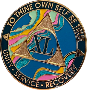 40 Year AA Medallion Elegant Tahiti Teal Blue and Pink Marble Gold Sobriety Chip