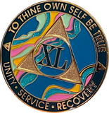 40 Year AA Medallion Elegant Tahiti Teal Blue and Pink Marble Gold Sobriety Chip