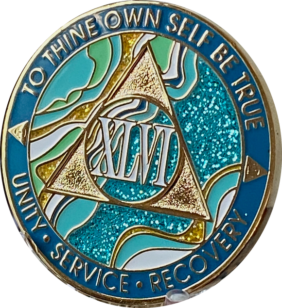 46 Year AA Medallion Elegant Caribbean Aqua Glitter Teal Marble Gold Sobriety Chip