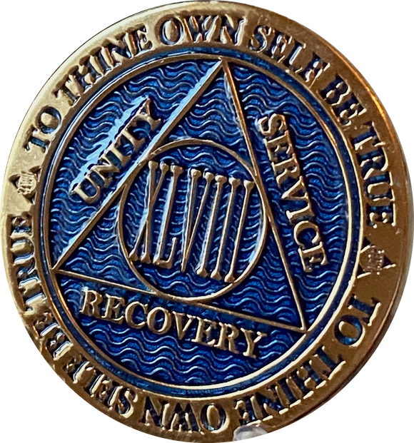48 Year AA Medallion Reflex Blue Gold Plated Sobriety Chip RecoveryChip