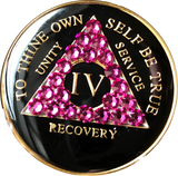 Pink Fuschia Swarovski Crystal AA Medallion Black Tri-Plate Sobriety Chip Year 1 - 50 - RecoveryChip
