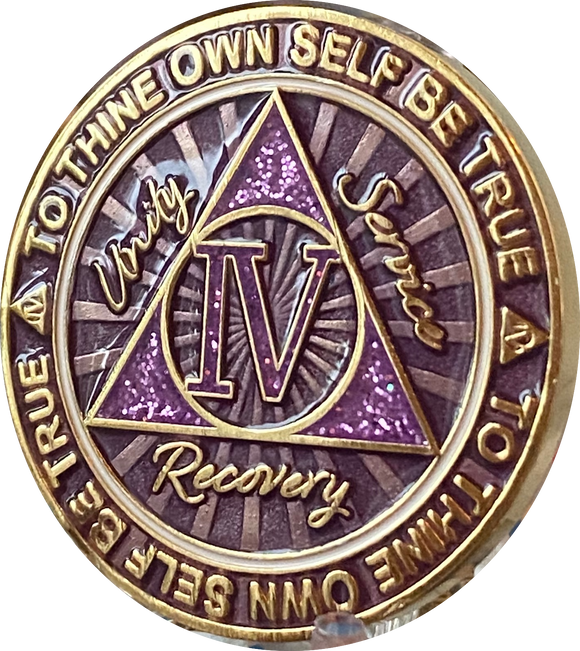 4 Year AA Medallion Cosmic Purple Glitter Gold Plated Sobriety Chip