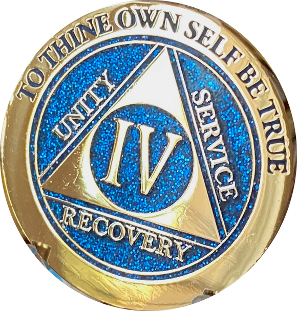 1 2 3 4 or 5 Year AA Medallion Elegant Blue Glitter Gold Sobriety Chip