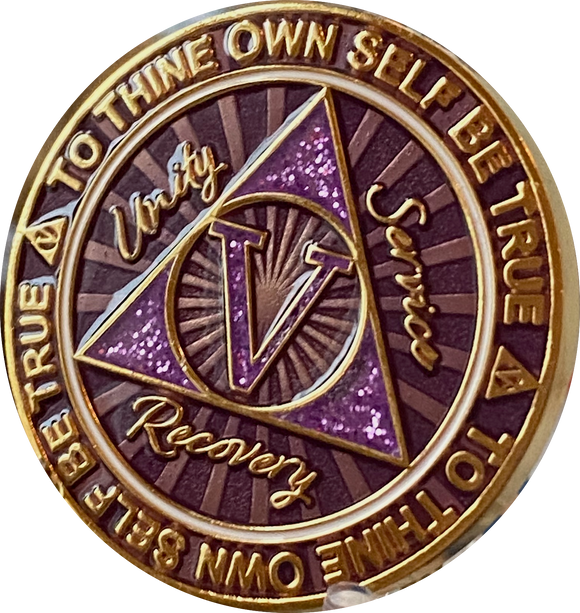 5 Year AA Medallion Cosmic Purple Glitter Gold Plated Sobriety Chip
