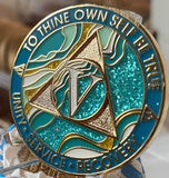 5 Year AA Medallion Elegant Caribbean Aqua Glitter Teal Marble Gold Sobriety Chip