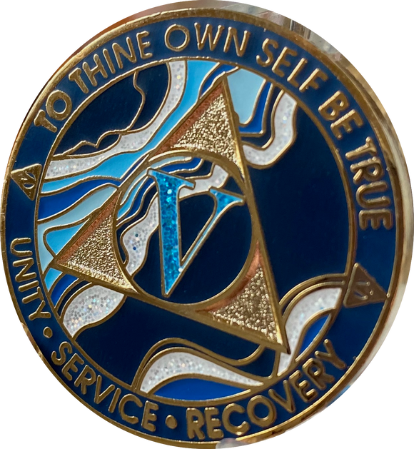 5 Year AA Medallion Elegant Navy Blue Marble Gold Sobriety Chip
