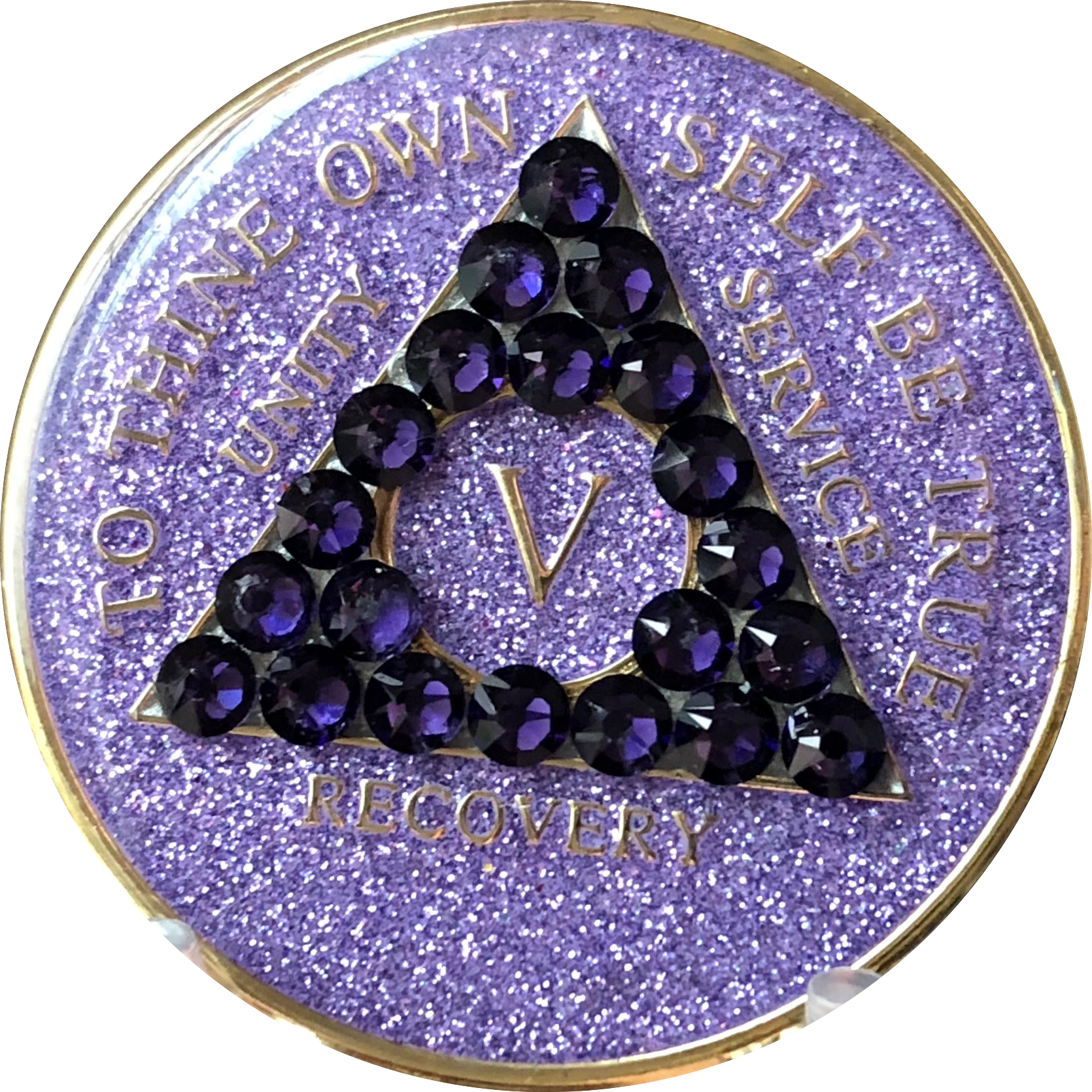 Crystal AA Medallion Purple Glitter Tri-Plate Sobriety Chip Year 1