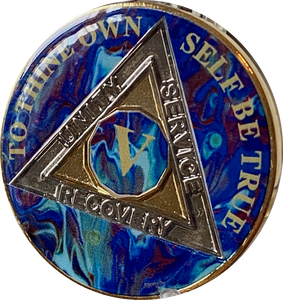 5 Year AA Medallion Sapphire Blue Swirl Tri-Plate Sobriety Chip
