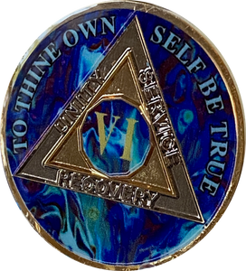 6 Year AA Medallion Sapphire Blue Swirl Tri-Plate Sobriety Chip