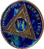 6 Year AA Medallion Sapphire Blue Swirl Tri-Plate Sobriety Chip