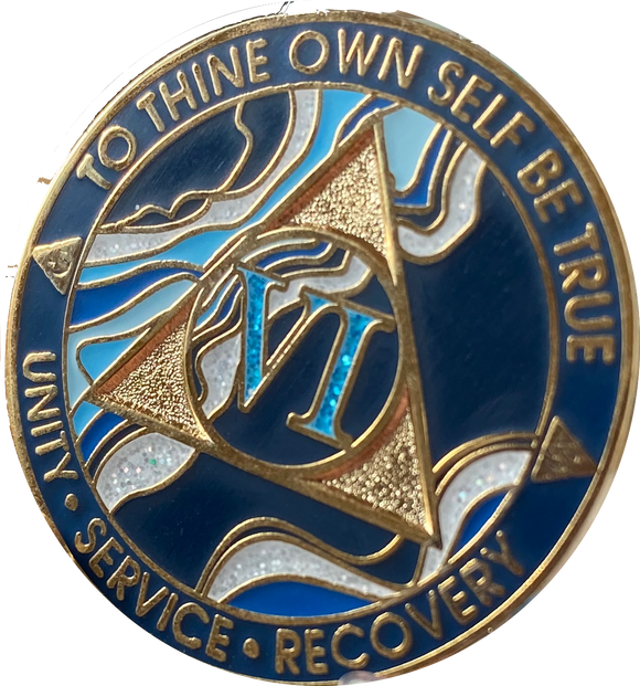 6 Year AA Medallion Elegant Navy Blue Marble Gold Sobriety Chip