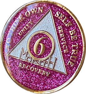 6 Month AA Medallion Hot Pink Glitter Gold Tri-Plate Sobriety Chip