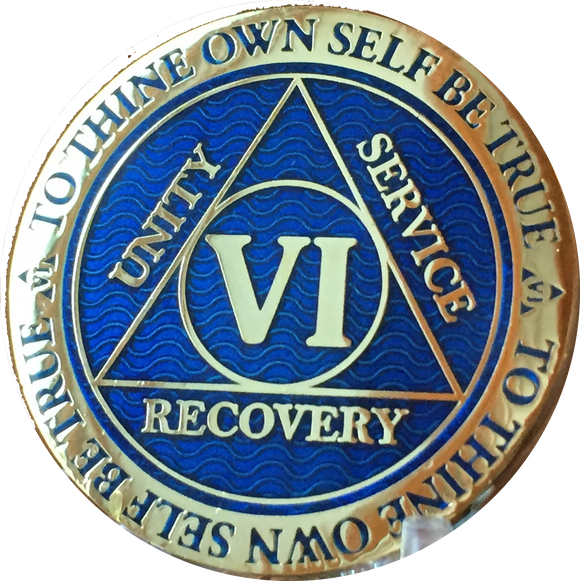 6 Year AA Medallion Reflex Blue Gold Plated Alcoholics Anonymous RecoveryChip Design - RecoveryChip