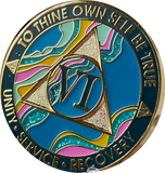 6 Year AA Medallion Elegant Tahiti Teal Blue and Pink Marble Gold Sobriety Chip