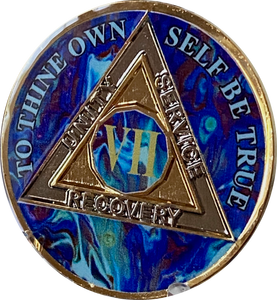 7 Year AA Medallion Sapphire Blue Swirl Tri-Plate Sobriety Chip