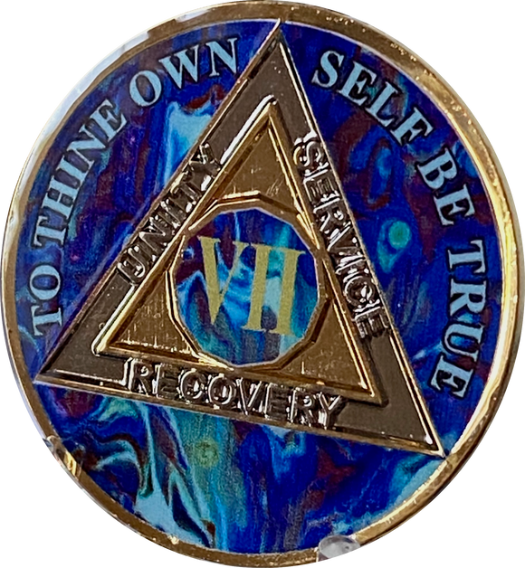 7 Year AA Medallion Sapphire Blue Swirl TriPlate Sobriety Chip