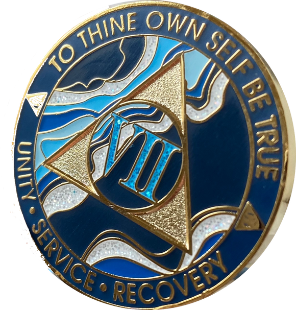 7 Year AA Medallion Elegant Navy Blue Marble Gold Sobriety Chip