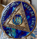 8 Year AA Medallion Sapphire Blue Swirl Tri-Plate Sobriety Chip