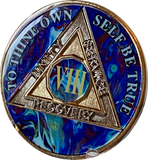 8 Year AA Medallion Sapphire Blue Swirl Tri-Plate Sobriety Chip