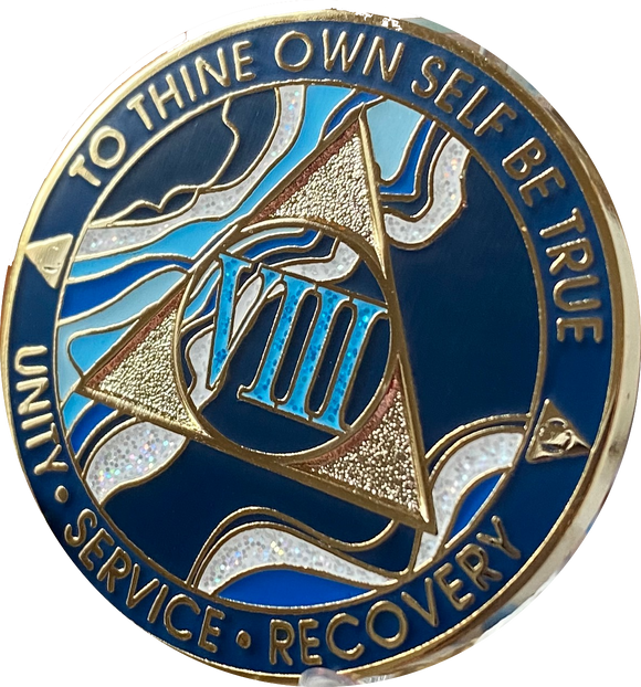8 Year AA Medallion Elegant Navy Blue Marble Gold Sobriety Chip