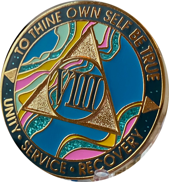8 Year AA Medallion Elegant Tahiti Teal Blue and Pink Marble Gold Sobriety Chip