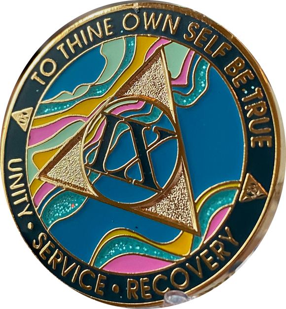 9 Year AA Medallion Elegant Tahiti Teal Blue and Pink Marble Gold Sobriety Chip