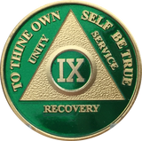 AA Medallion Green Gold Plated Year 1 - 65 Alcoholics Anonymous Chip - RecoveryChip