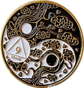 9 Month AA Medallion Ying Yang Black and White Serenity Prayer Chip