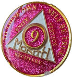 9 Month AA Medallion Hot Pink Glitter Gold Tri-Plate Sobriety Chip
