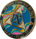1 - 40 Year AA Medallion Elegant Tahiti Teal Blue and Pink Marble Gold Sobriety Chip