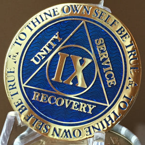 9 Year AA Medallion Reflex Blue Gold Plated Alcoholics Anonymous RecoveryChip Design - RecoveryChip