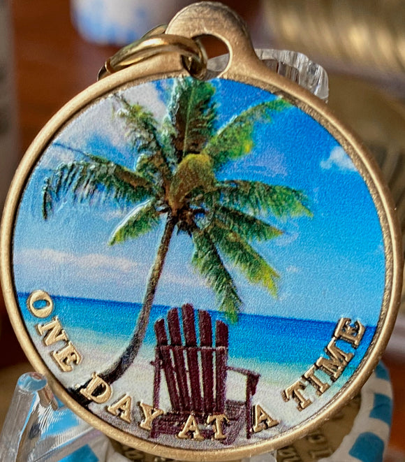 Tropical Beach Chair Palm Tree Color One Day At A Time Serenity Prayer Keychain