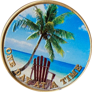 Tropical Beach Chair Palm Tree Color One Day At A Time Serenity Prayer Medallion Coin