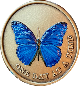 Blue Butterfly One Day At A Time Serenity Prayer Medallion Coin